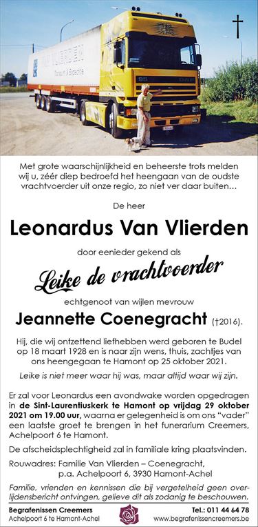 Leonardus Van Vlierden overleden - Hamont-Achel
